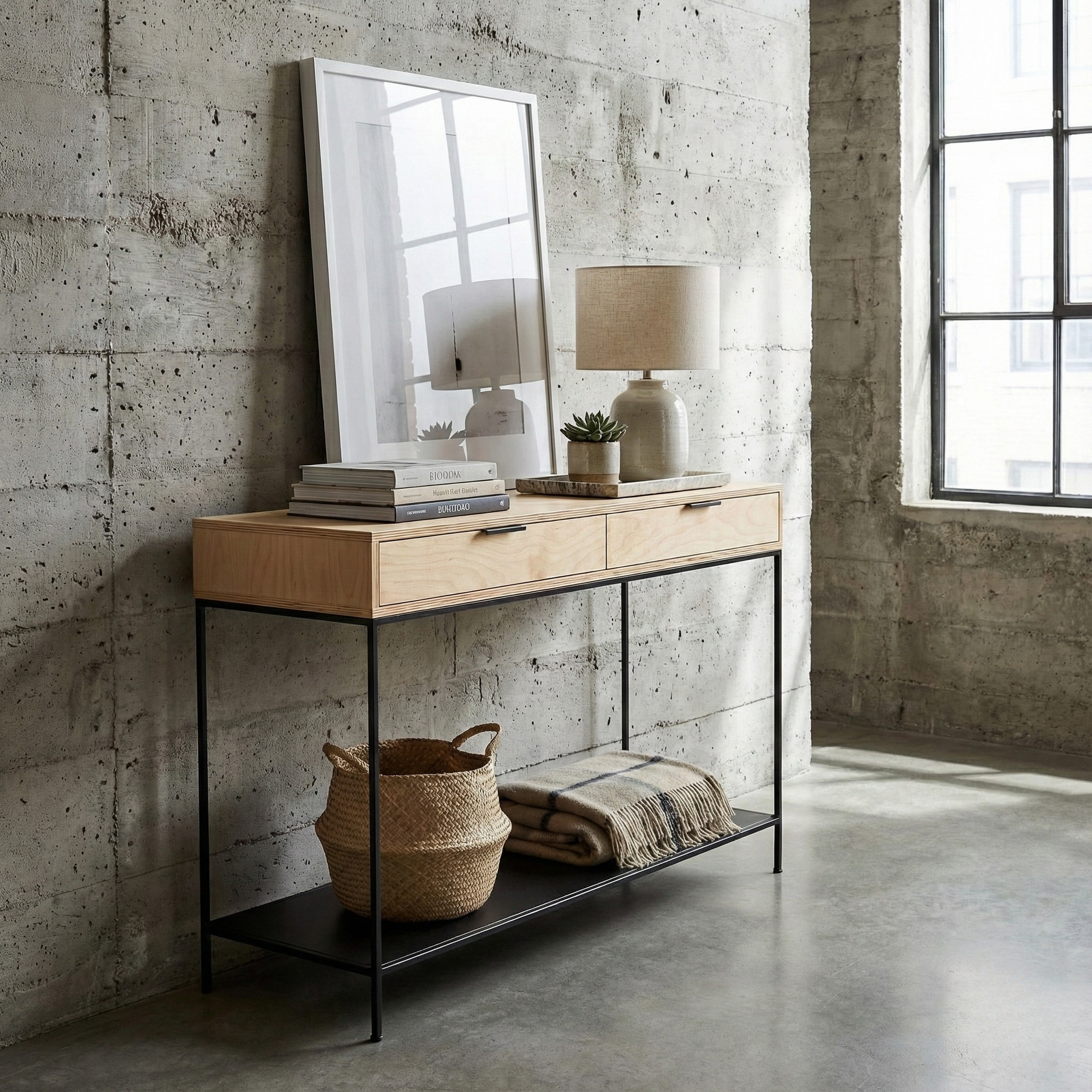 mueble Kallfu arrimo en plywood de abedul y acero electropintado negro mate, vista lateral