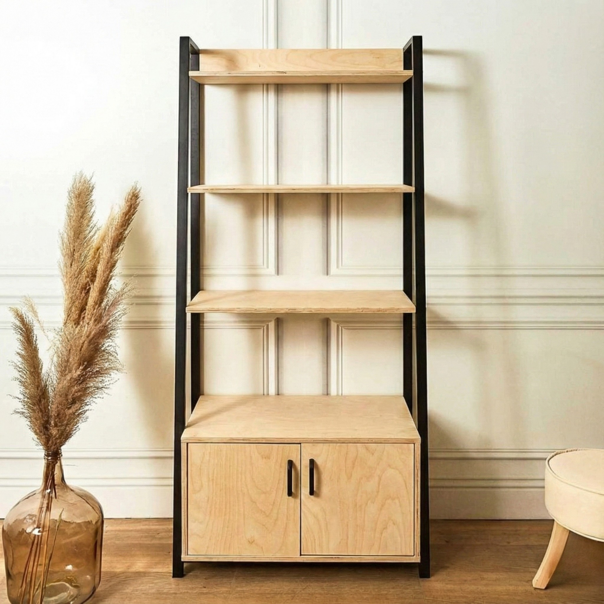 Estantería moderna Kallfu MIMA con módulo inferior de madera.