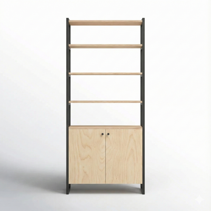 mueble Kallfu repisa BLACK en acero electropintado negro mate estantes plywood vista frontal