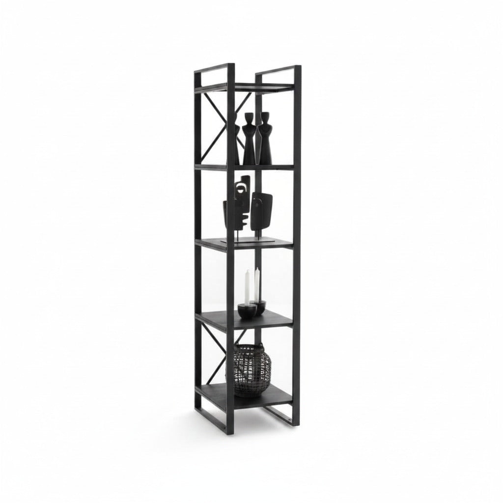 Biblioteca Londres Kallfü tono BLACK con estructura de metal negro, 180 cm y 5 estantes — vista tres cuartos