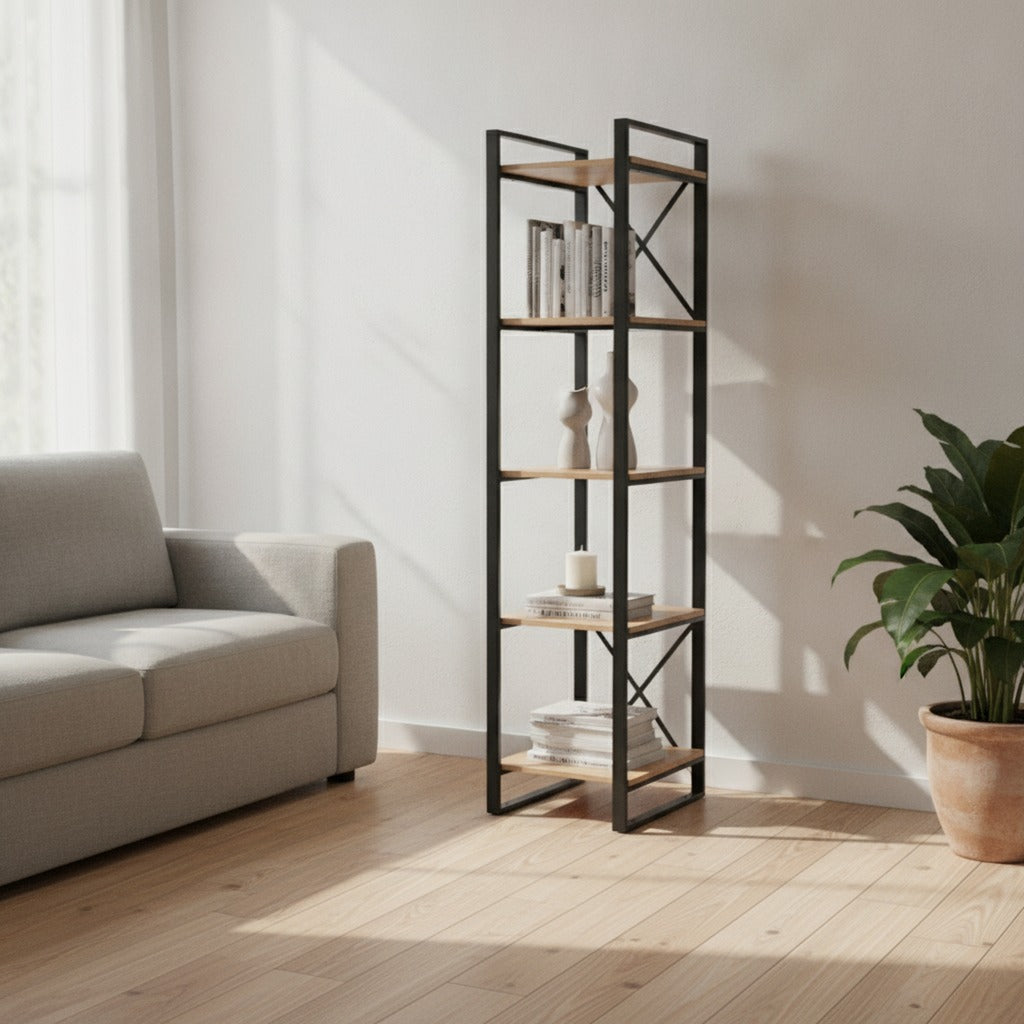 Biblioteca Londres Kallfü tono MIMA en un living con sofá y planta, 180 cm — ambientada