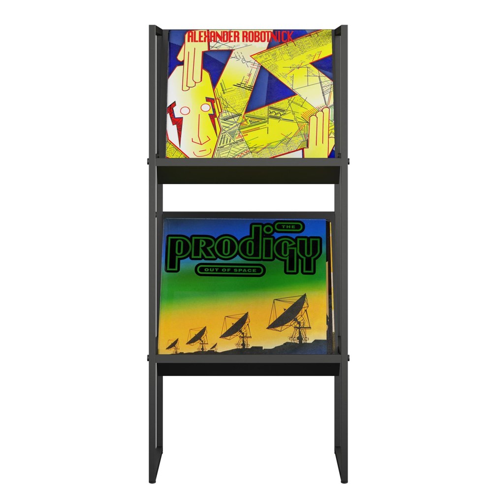 Porta Vinilos Helix Kallfü metal negro con discos exhibidos de frente — vista frontal