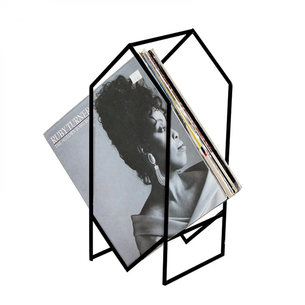 Porta Vinilos Origami Kallfü metal negro con discos, 20x20x46 cm — vista 3/4